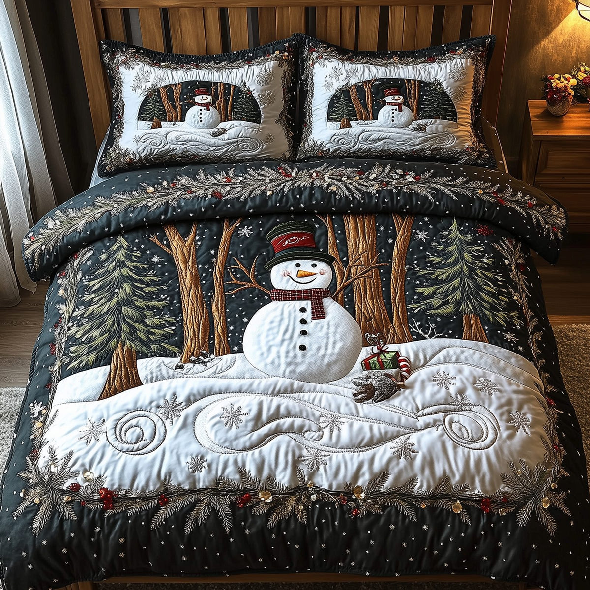 Vintage Snowman quilted 3-piece bedding set on a made bed in a winter-styled bedroom