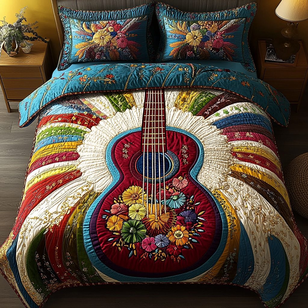 Vintage Strings quilted 3-piece bedding set on a made bed in a farmhouse bedroom