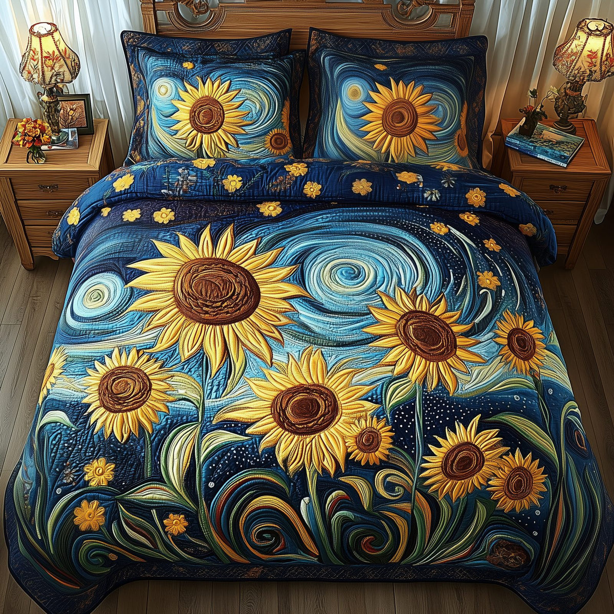 Vintage Sunflower quilted 3-piece bedding set on a made bed in a farmhouse bedroom