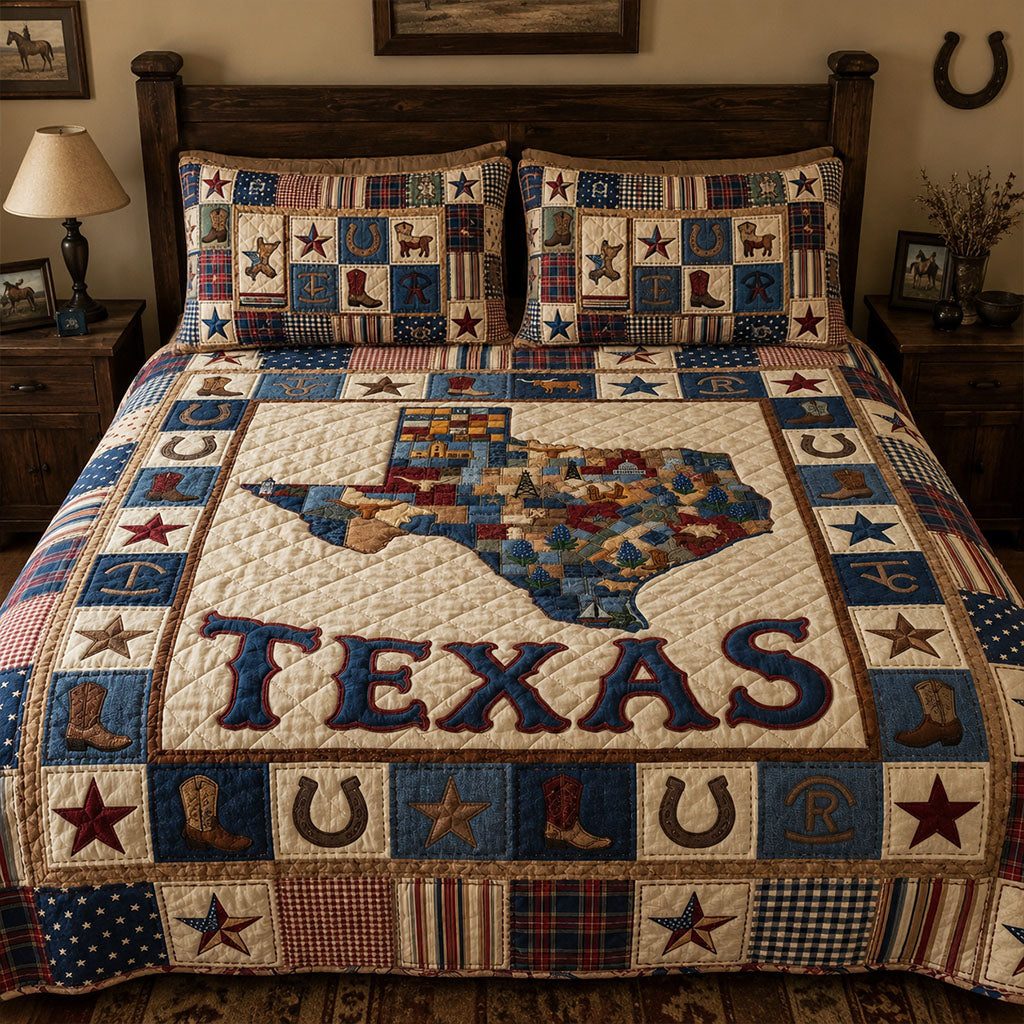 Vintage Texas Mosaic quilted 3-piece bedding set on a made bed in a rustic timber bedroom