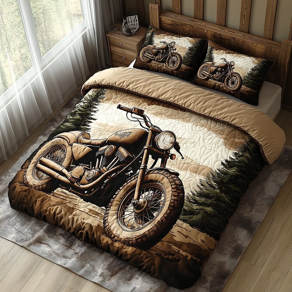 Vintage Throttle quilted 3-piece bedding set on a made bed in a farmhouse bedroom