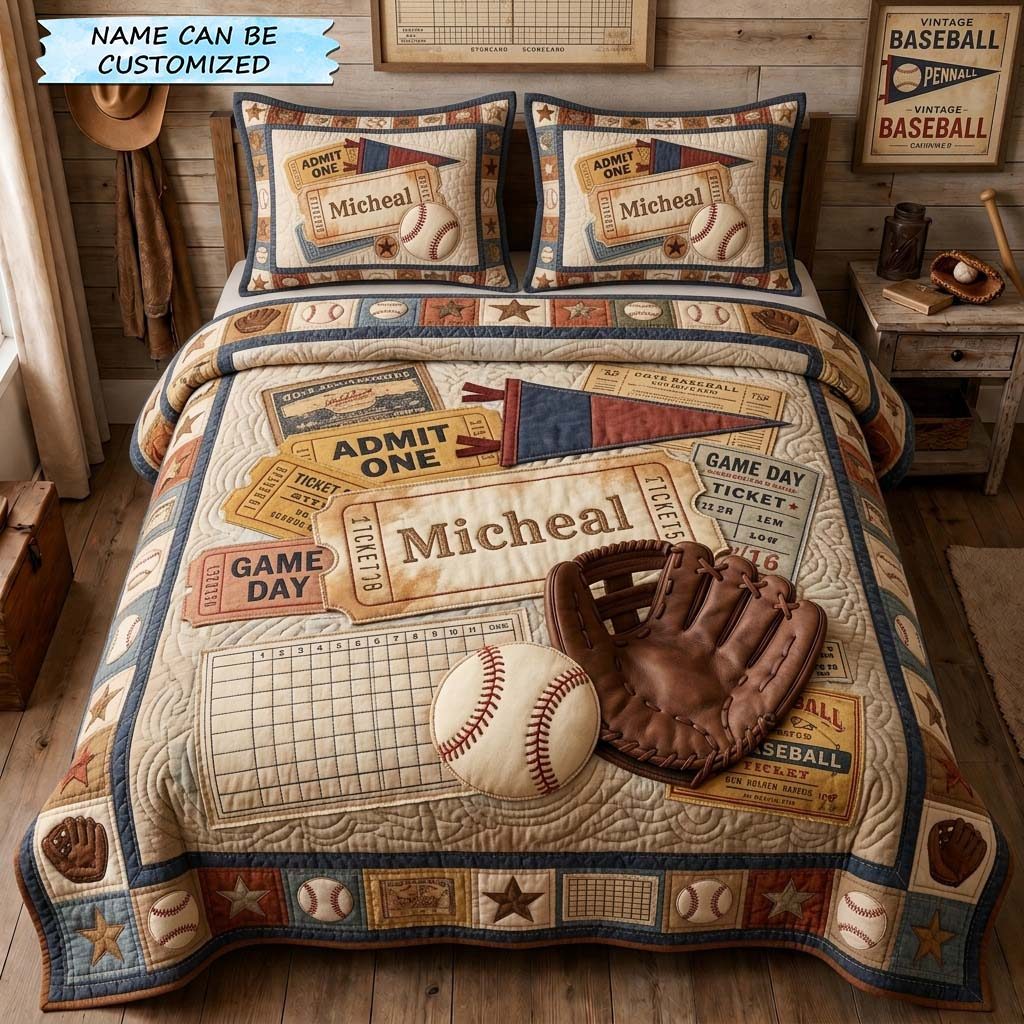 Vintage Ticket Collage 3-Piece Quilted Bedding Set QTCUZ quilted 3-piece bedding set on a made bed in a farmhouse bedroom