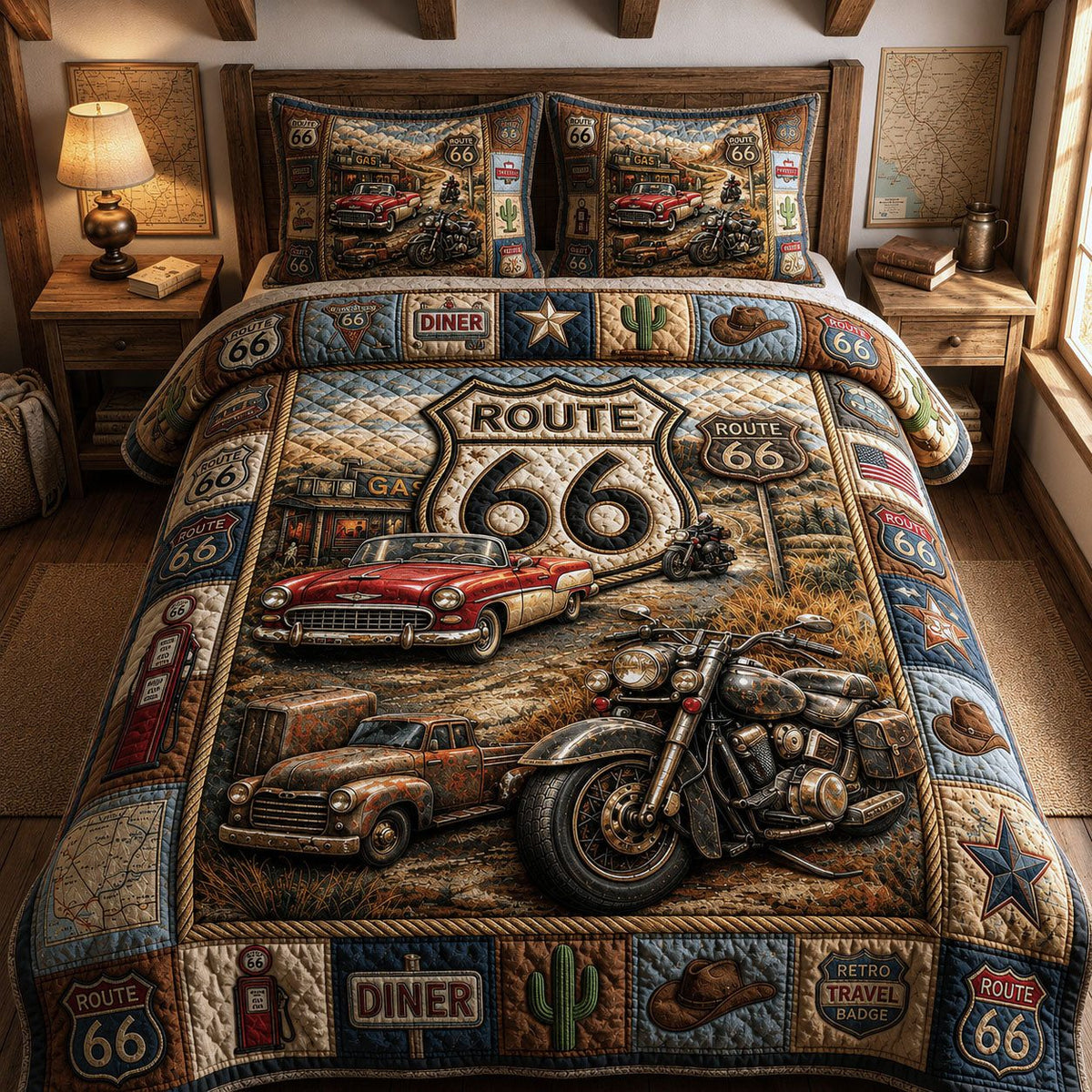 Vintage Vehicles Highway quilted 3-piece bedding set on a made bed in a farmhouse bedroom