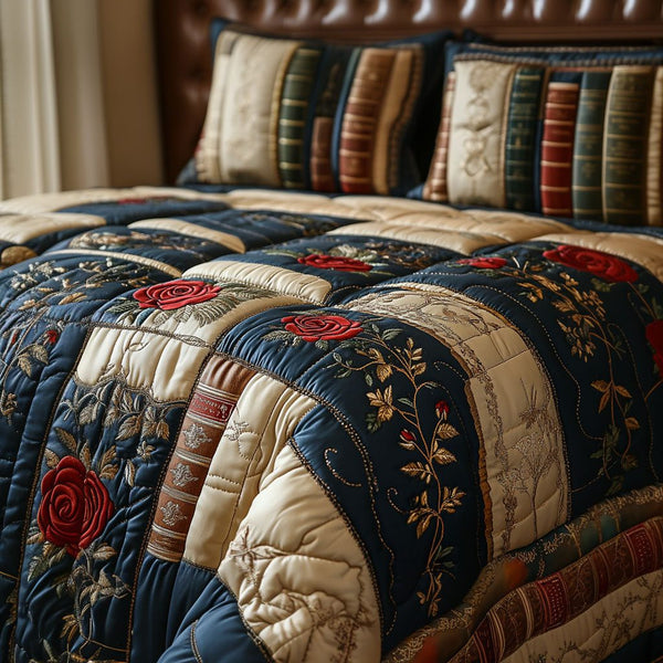 Vintage Verse quilted 3-piece bedding set on a made bed in a softly lit bedroom