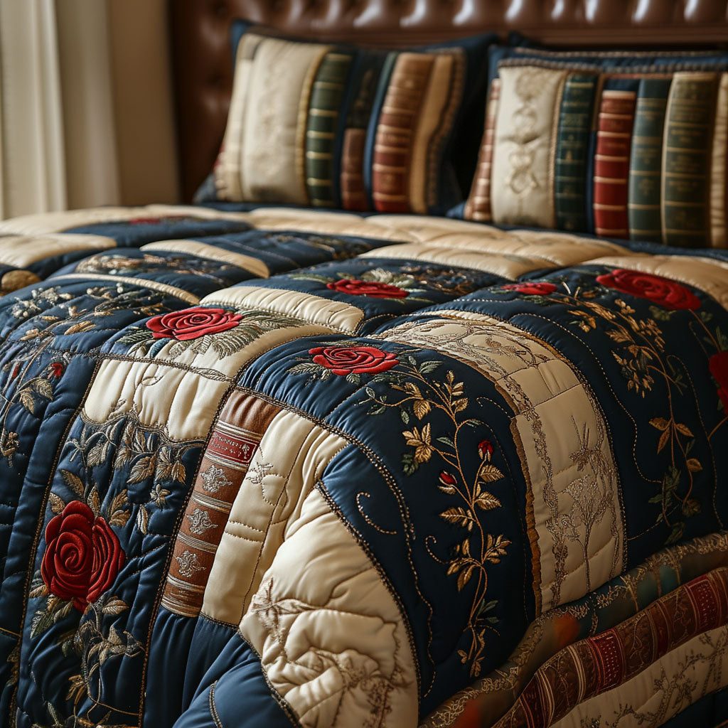 Vintage Verse quilted 3-piece bedding set on a made bed in a softly lit bedroom