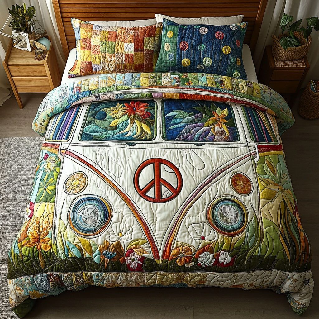 Vintage Vibes Dreamscape quilted 3-piece bedding set on a made bed in a farmhouse bedroom