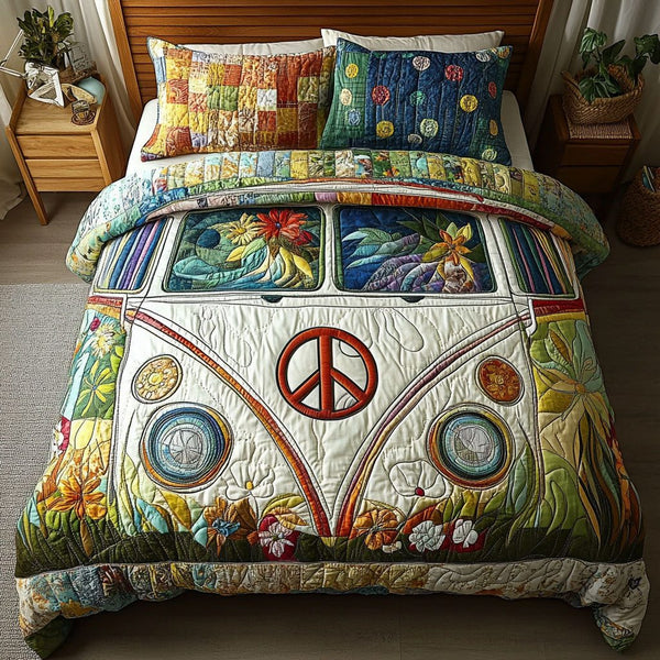 Vintage Vibes Dreamscape quilted 3-piece bedding set on a made bed in a farmhouse bedroom