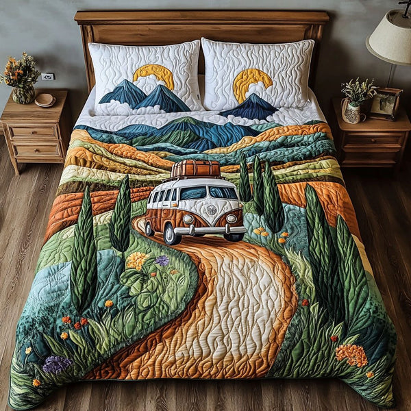 Vintage Vibes Escape quilted 3-piece bedding set on a made bed in a farmhouse bedroom