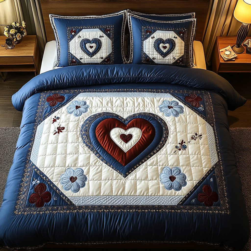 Vintage Vibes quilted 3-piece bedding set on a made bed in a farmhouse bedroom