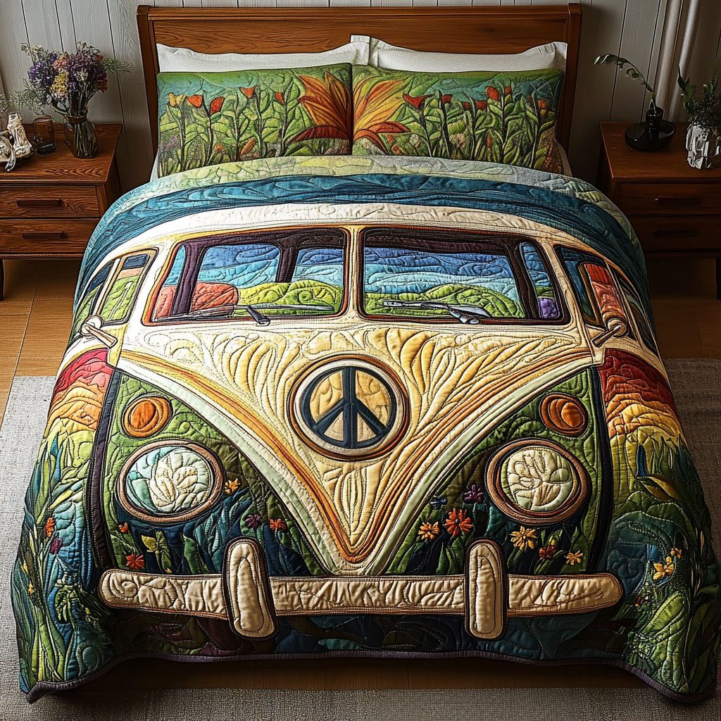 Vintage Vibes quilted 3-piece bedding set on a made bed in a farmhouse bedroom