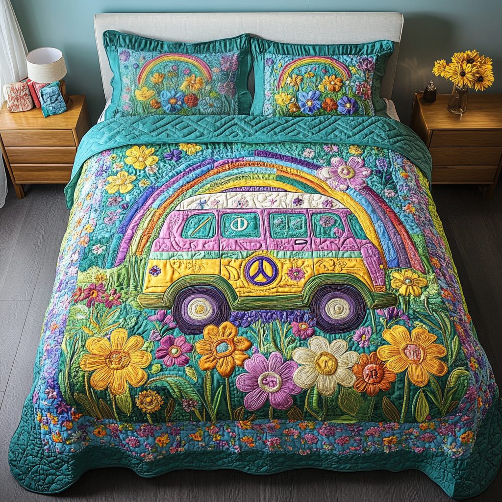 Vintage Vibes quilted 3-piece bedding set on a made bed in a farmhouse bedroom