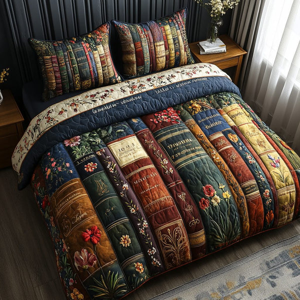 Vintage Volumes quilted 3-piece bedding set on a made bed in a farmhouse bedroom