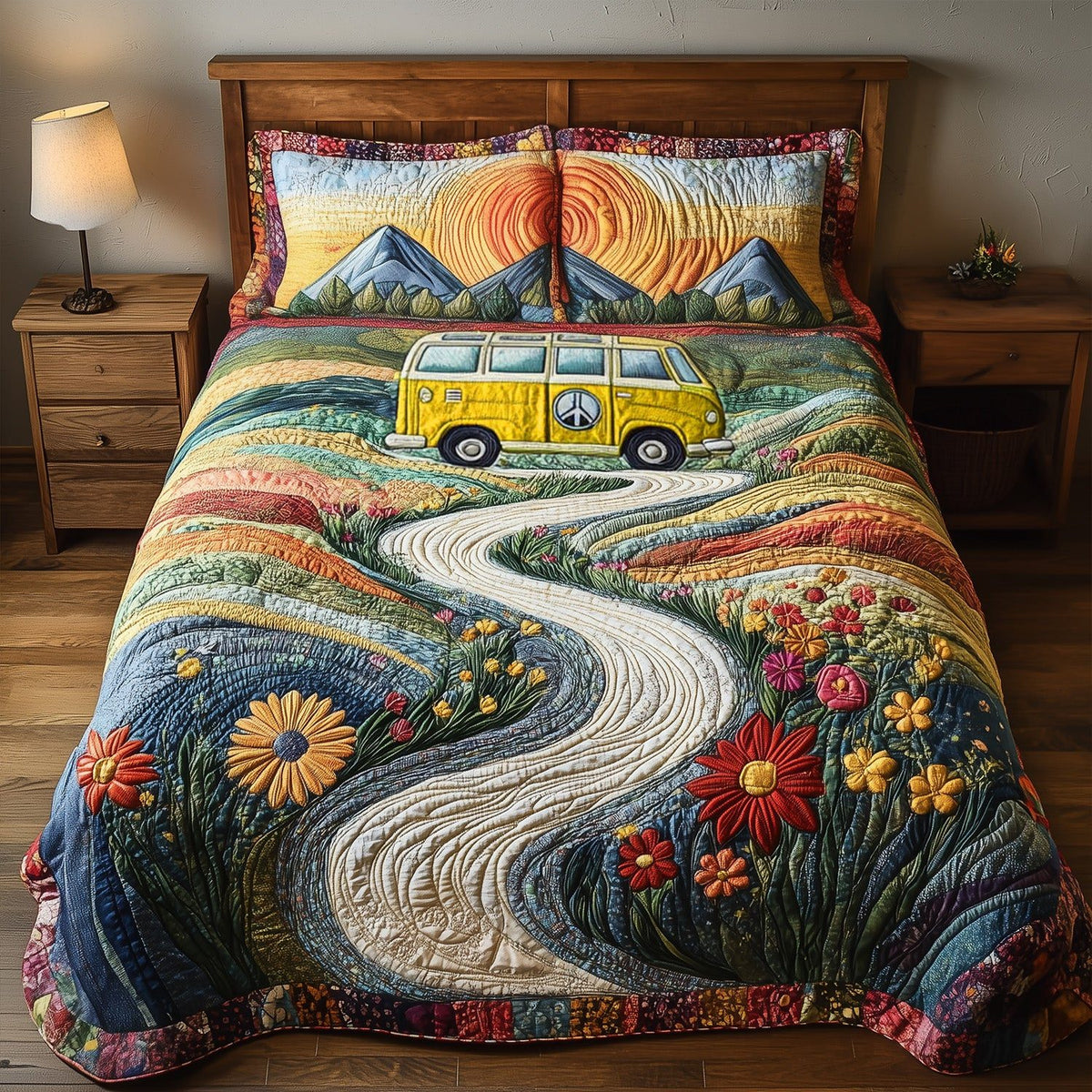 Vintage Wanderlust V2 quilted 3-piece bedding set on a made bed in a farmhouse bedroom