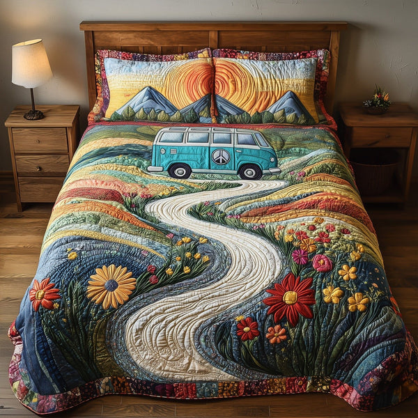Vintage Wanderlust V4 quilted 3-piece bedding set on a made bed in a farmhouse bedroom
