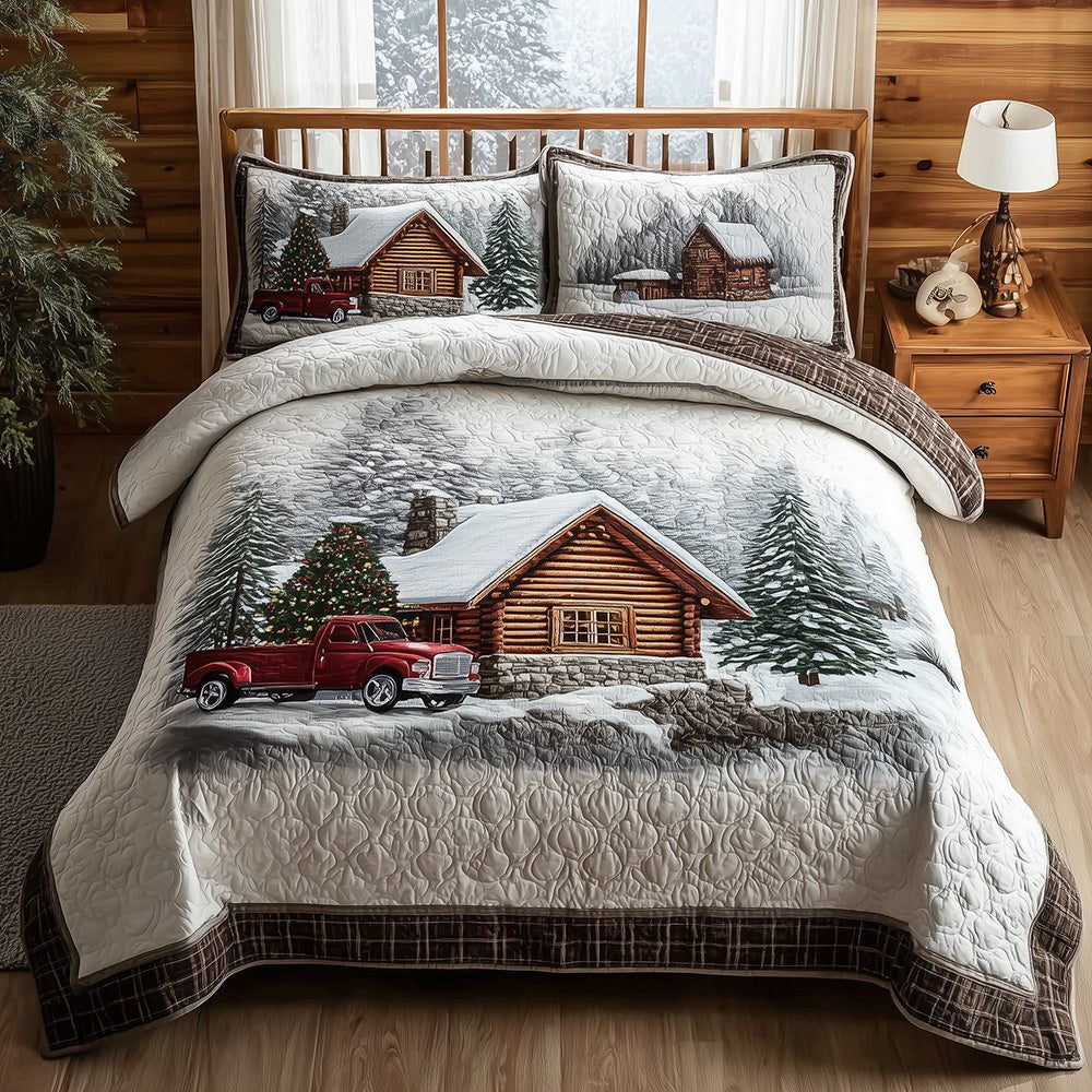 Vintage Winter Escape quilted 3-piece bedding set on a made bed in a winter-styled bedroom