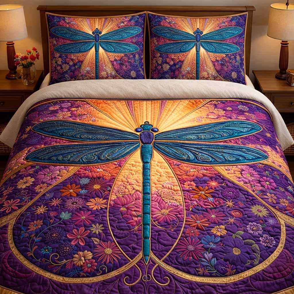 Violet Aura quilted 3-piece bedding set on a made bed with two matching pillow shams