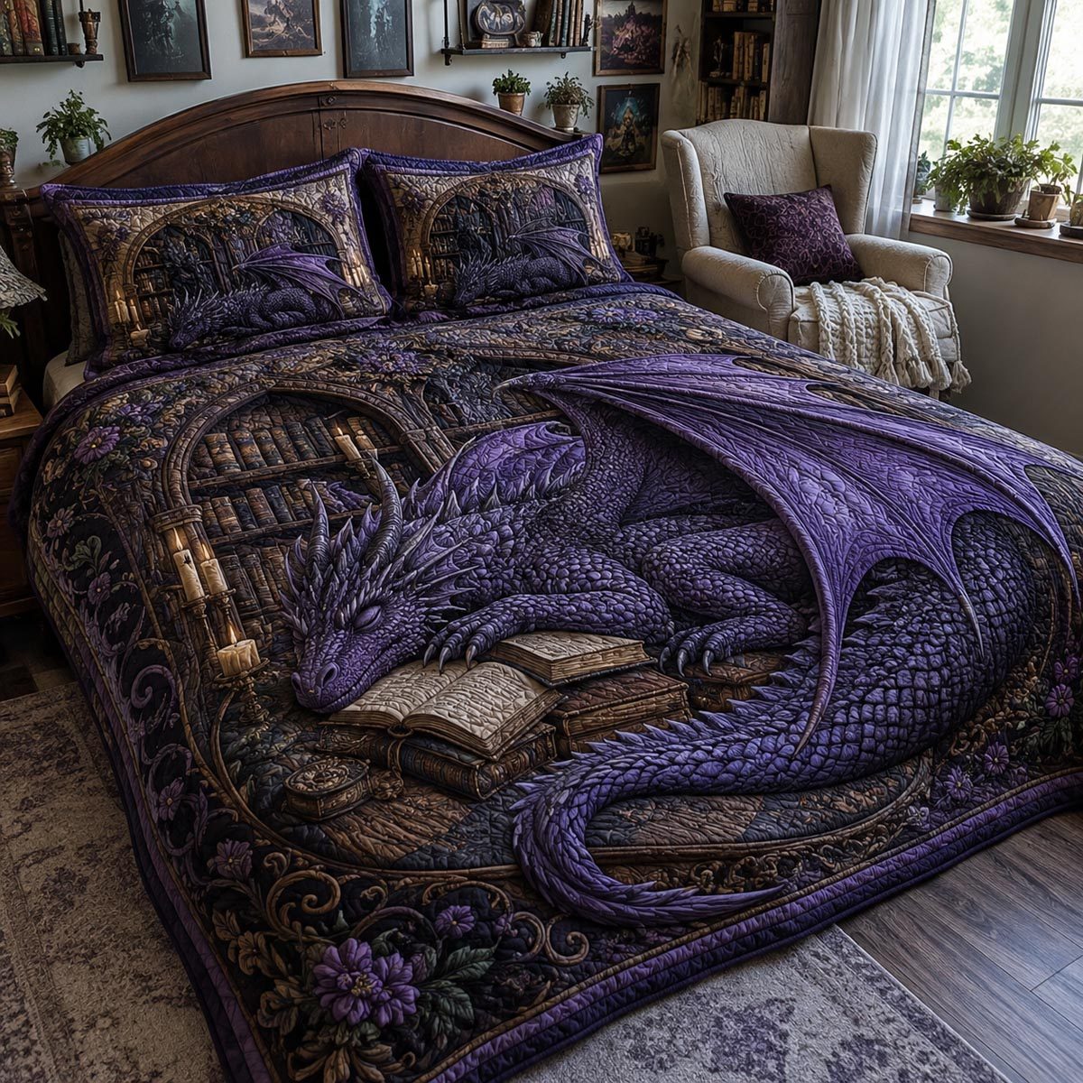 Violet Bookwyrm quilted 3-piece bedding set on a made bed with two matching pillow shams