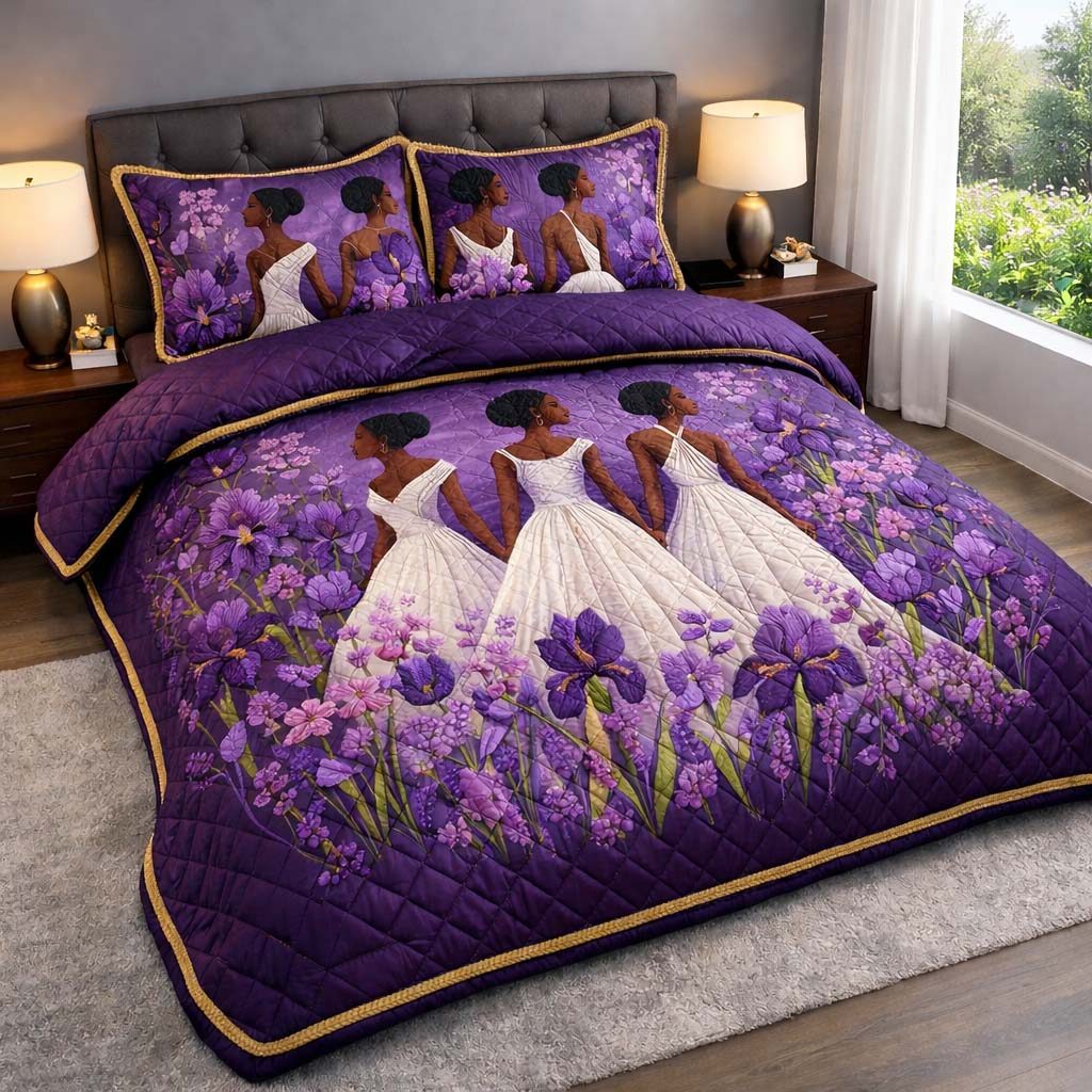 Violet Elegance quilted 3-piece bedding set on a made bed with two matching pillow shams