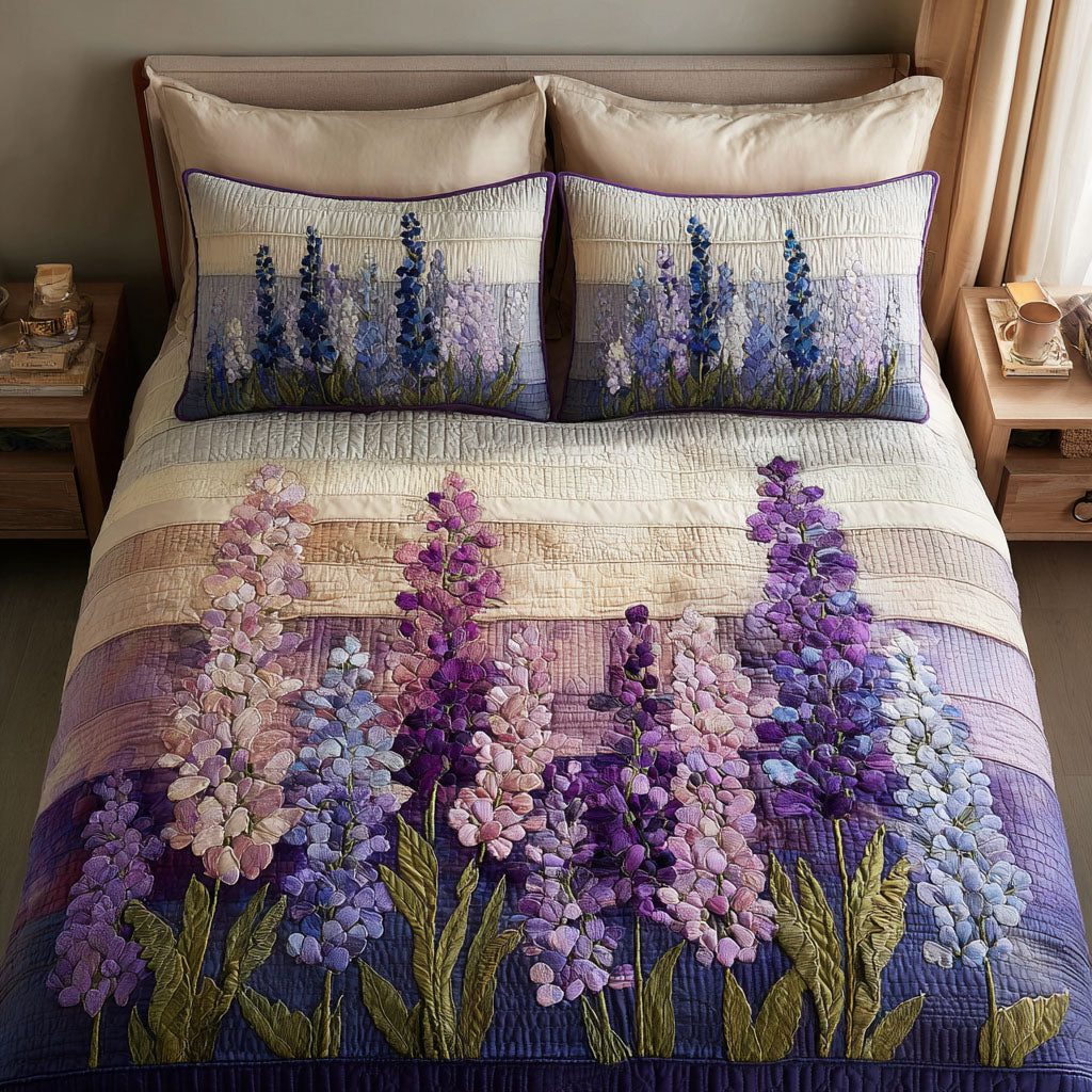 Violet Field quilted 3-piece bedding set on a made bed with two matching pillow shams