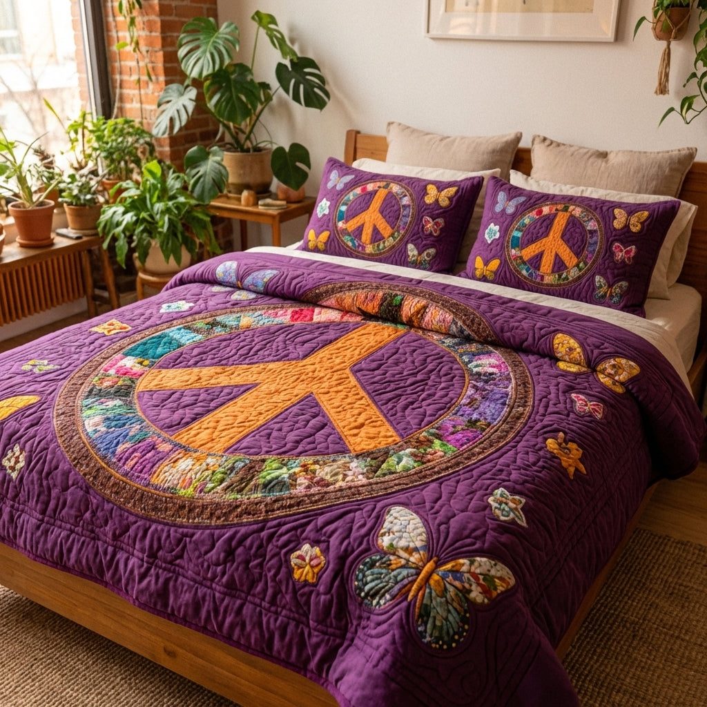 Violet Harmony quilted 3-piece bedding set on a made bed with two matching pillow shams