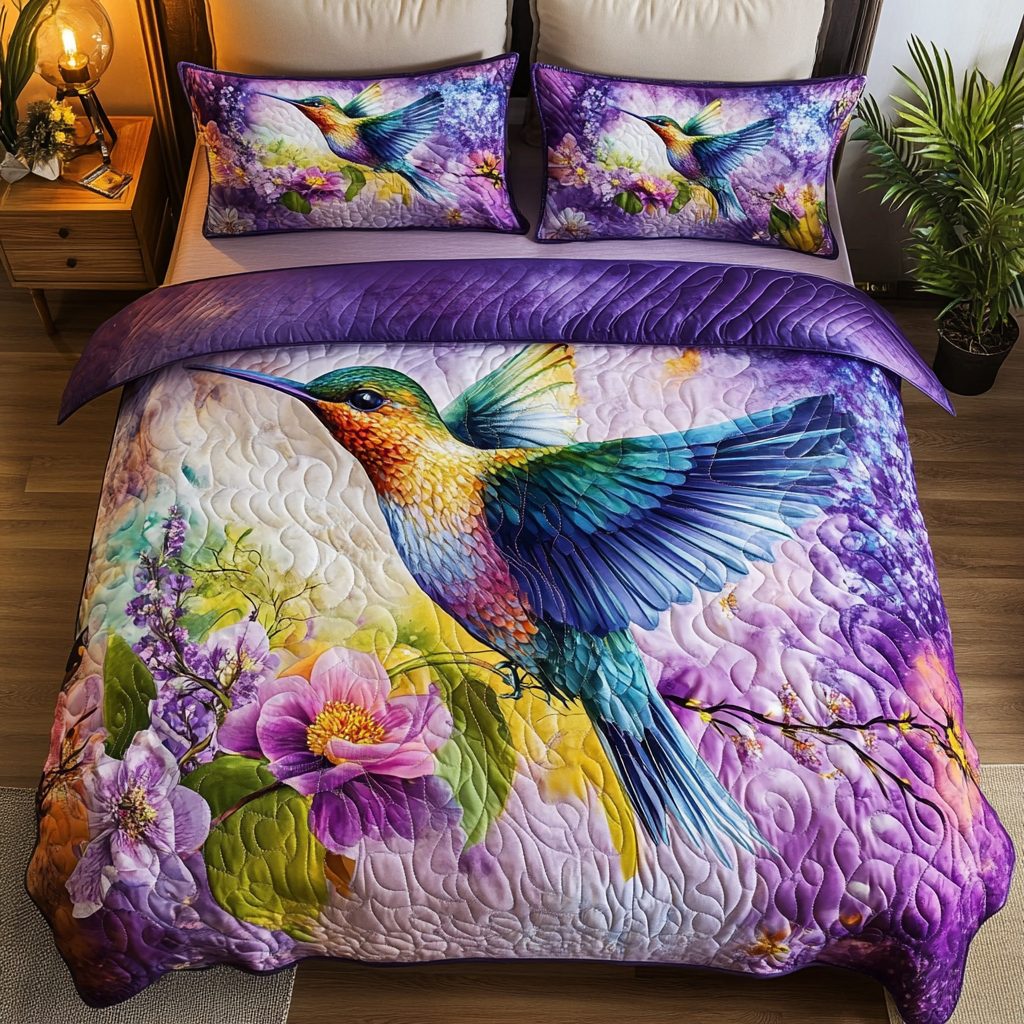 Violet Hummingbird Bliss quilted 3-piece bedding set on a made bed with two matching pillow shams