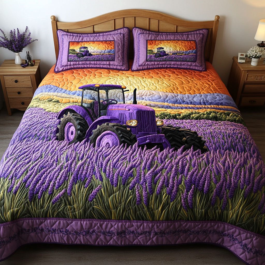 Violet Meadow quilted 3-piece bedding set on a made bed with two matching pillow shams