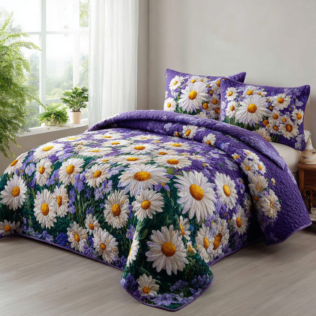 Violet Meadow quilted 3-piece bedding set on a made bed with two matching pillow shams