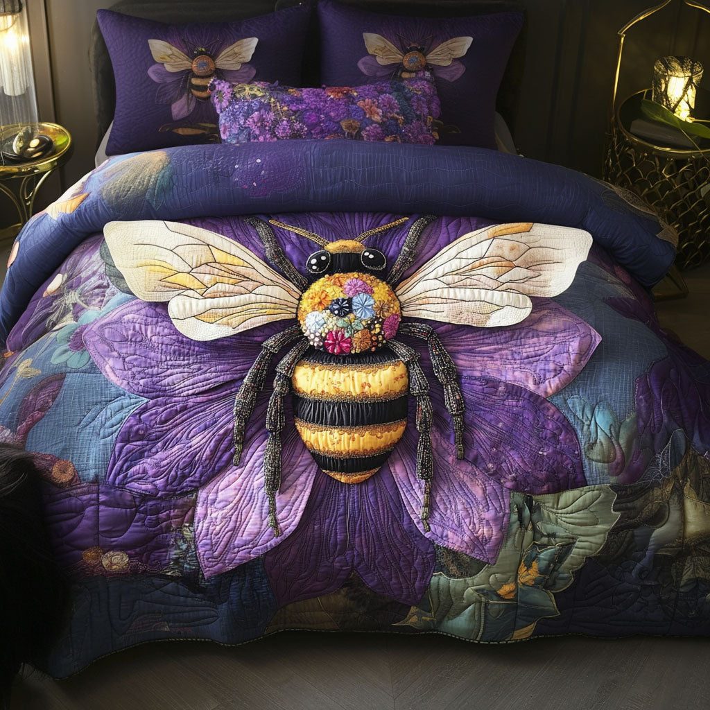 Violet Nectar quilted 3-piece bedding set on a made bed with two matching pillow shams