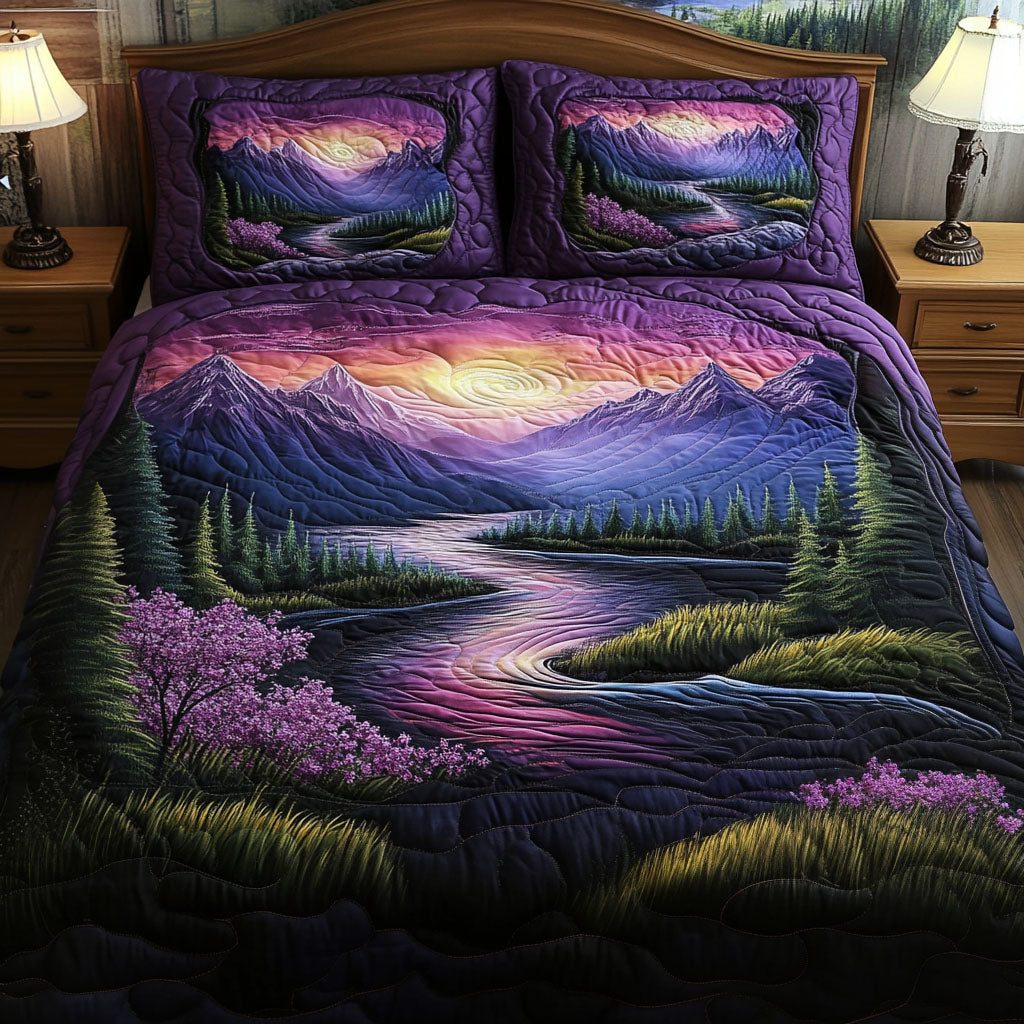 Violet Tranquility quilted 3-piece bedding set on a made bed with two matching pillow shams