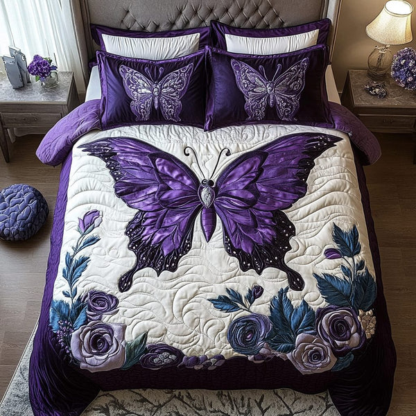 Violet Wings quilted 3-piece bedding set on a made bed with two matching pillow shams
