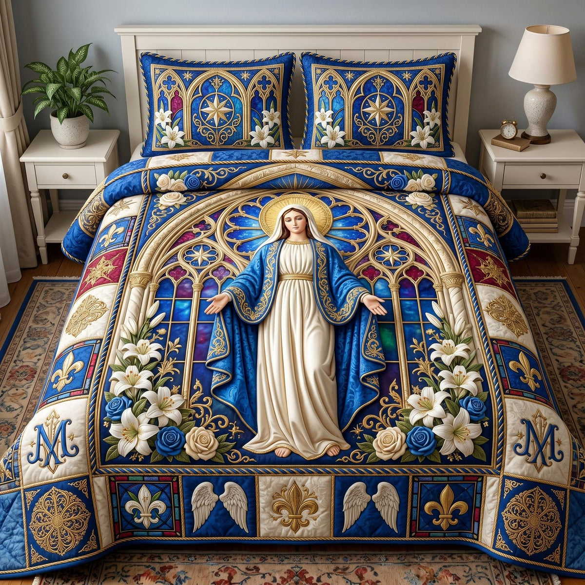 Virgin Mary quilted 3-piece bedding set on a made bed with two matching pillow shams