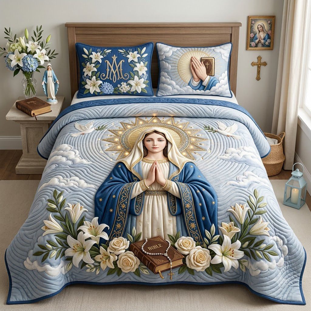 Virgin Mary quilted 3-piece bedding set on a made bed with two matching pillow shams