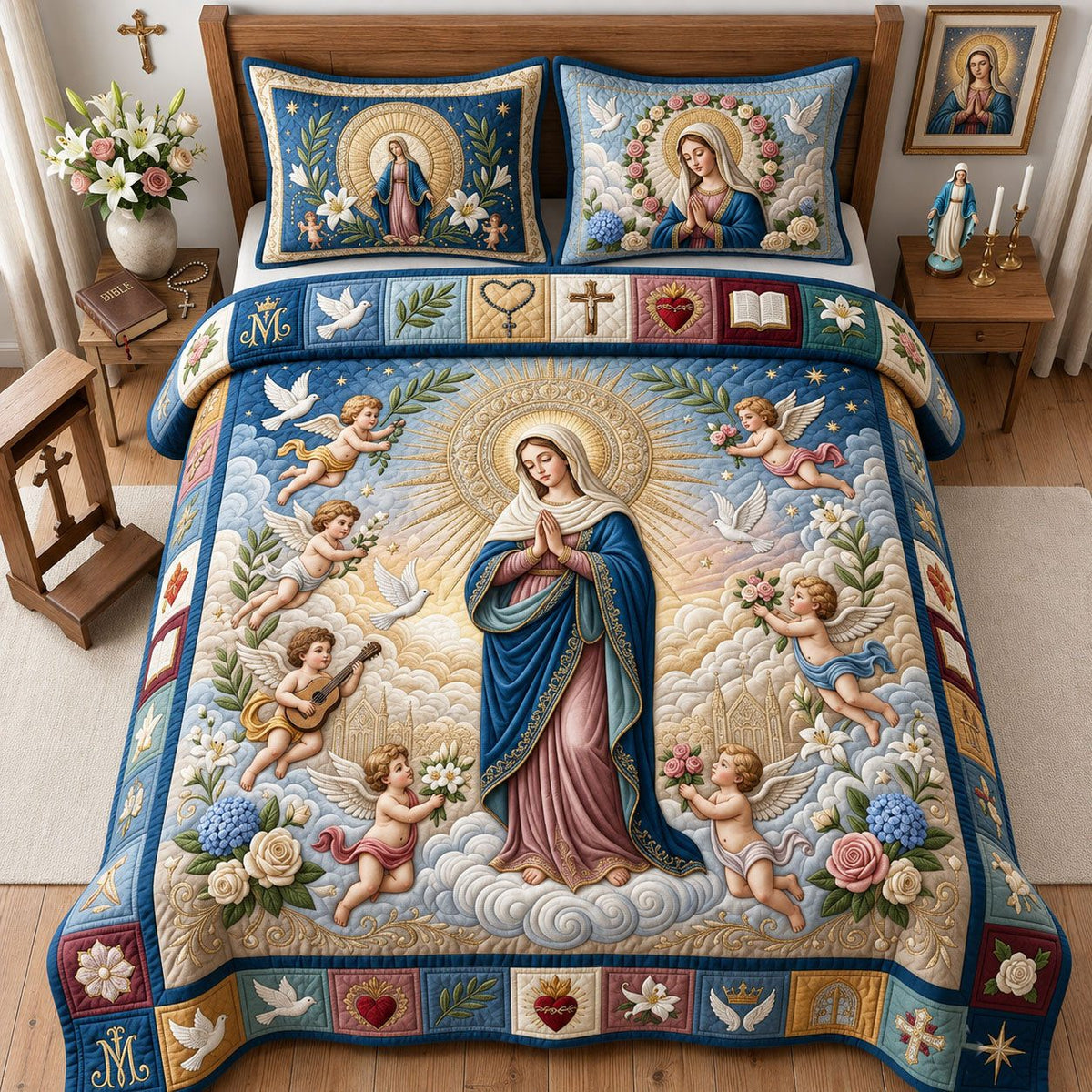 Virgin Mary with Cherubs quilted 3-piece bedding set on a made bed with two matching pillow shams
