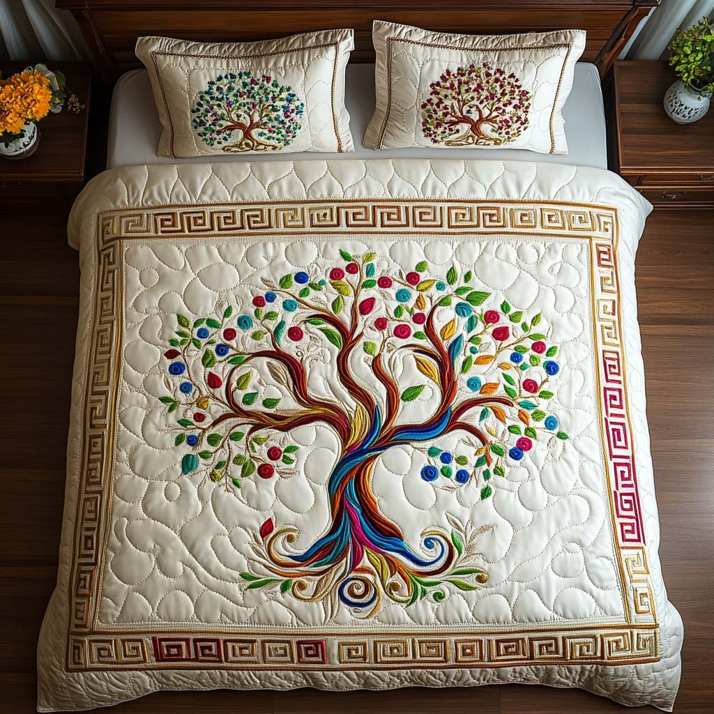 Vital Bloom quilted 3-piece bedding set on a made bed with two matching pillow shams