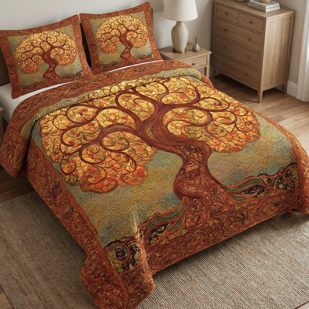 Vital Essence quilted 3-piece bedding set on a made bed with two matching pillow shams