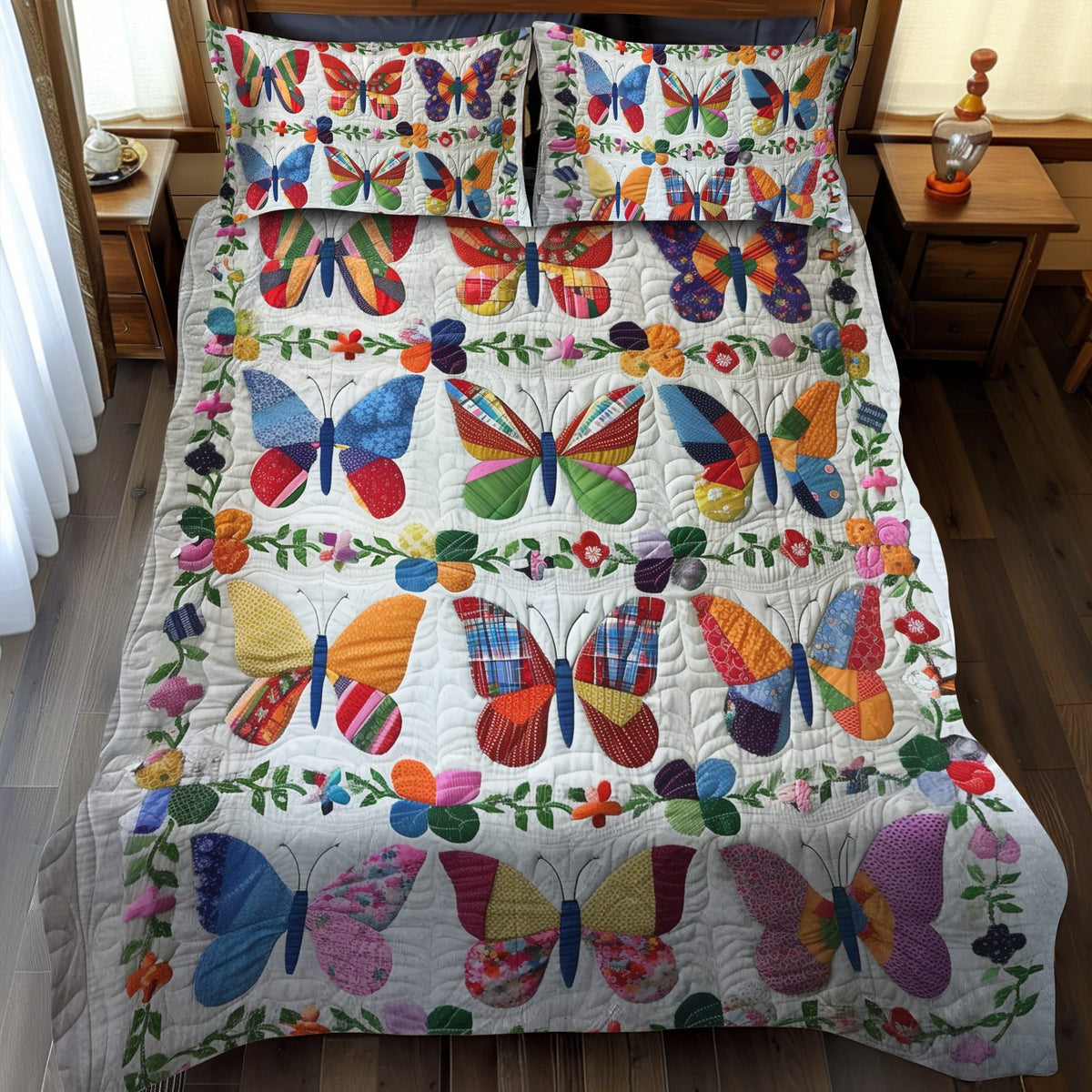 Vivid Butterflies quilted 3-piece bedding set on a made bed with two matching pillow shams