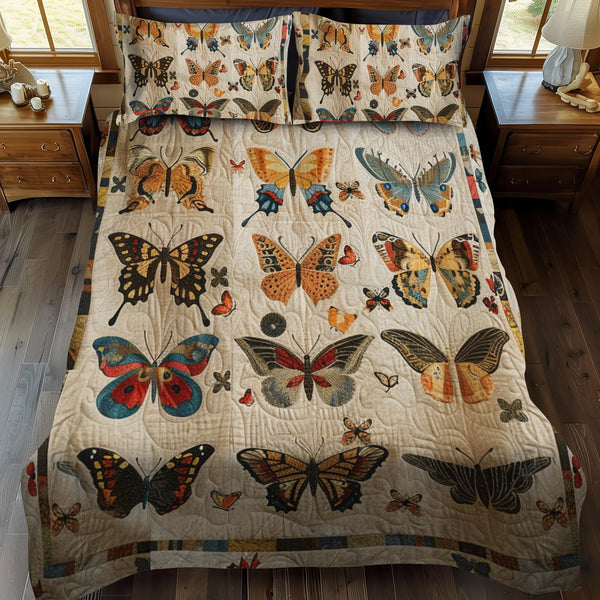 Vivid Butterflies quilted 3-piece bedding set on a made bed with two matching pillow shams