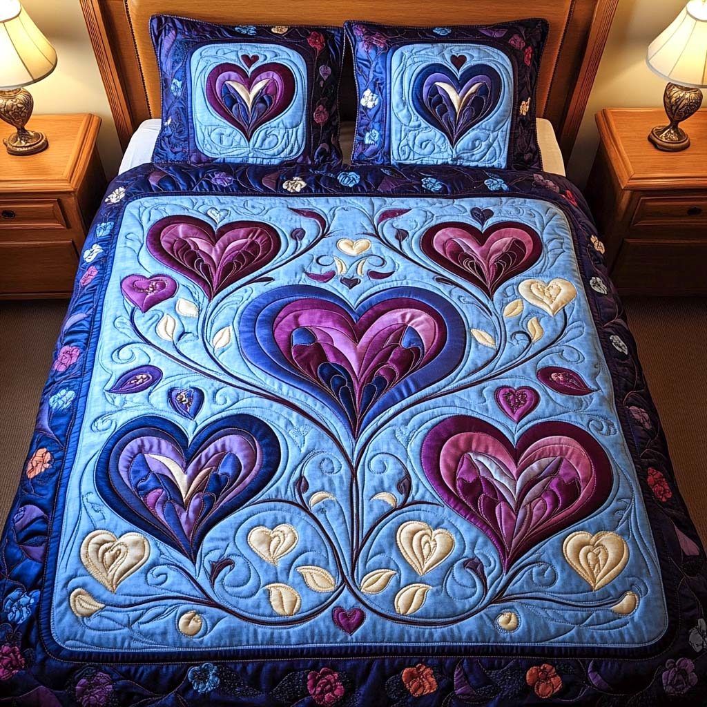 Vivid Love quilted 3-piece bedding set on a made bed with two matching pillow shams