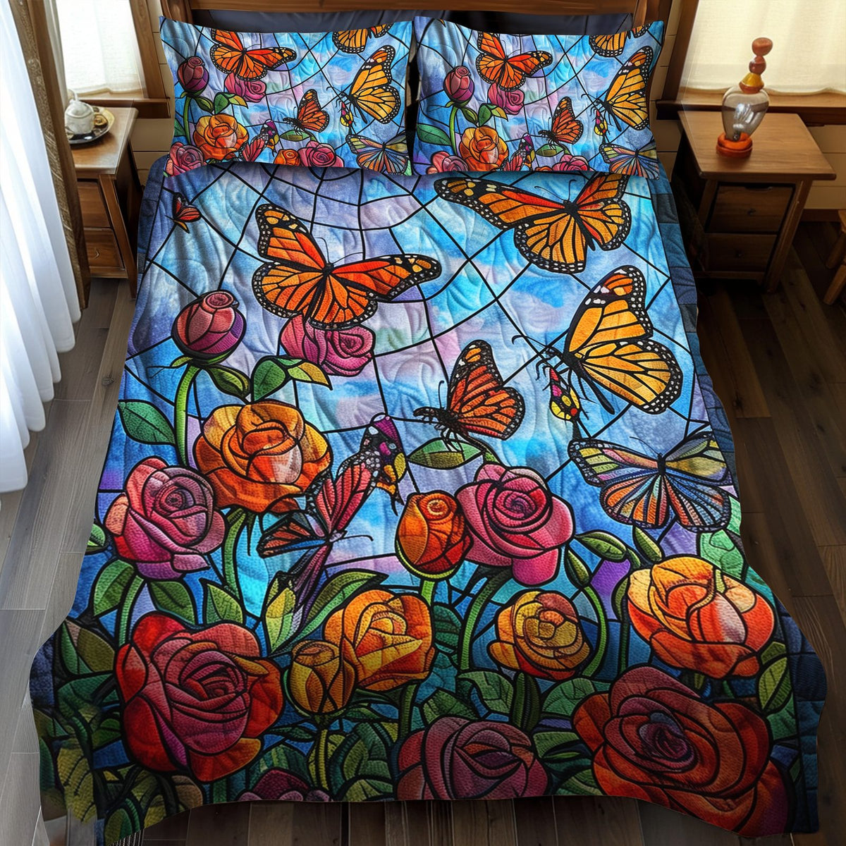 Vivid Monarch Butterflies quilted 3-piece bedding set on a made bed with two matching pillow shams