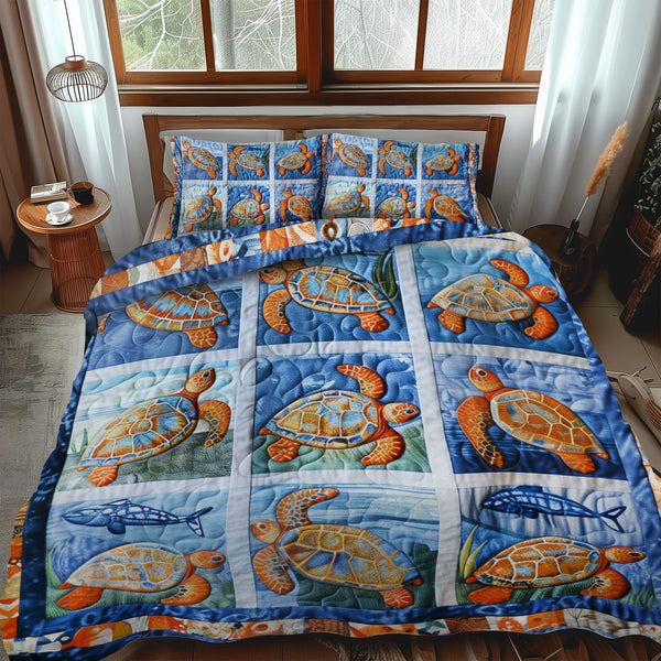 Vivid Turtles quilted 3-piece bedding set on a made bed in a light coastal bedroom