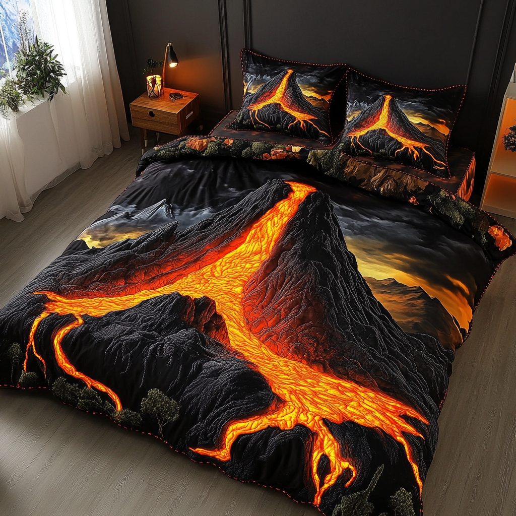 Volcano Adventure quilted 3-piece bedding set on a made bed in a winter-styled bedroom