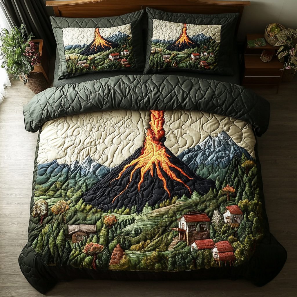 Volcano Bliss quilted 3-piece bedding set on a made bed with two matching pillow shams