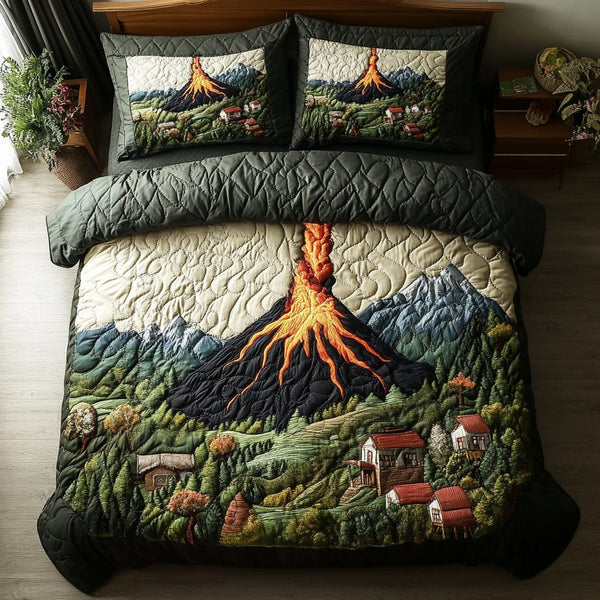 Volcano Bliss quilted 3-piece bedding set on a made bed with two matching pillow shams