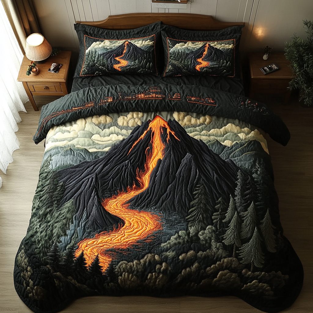 Volcano Escape quilted 3-piece bedding set on a made bed with two matching pillow shams
