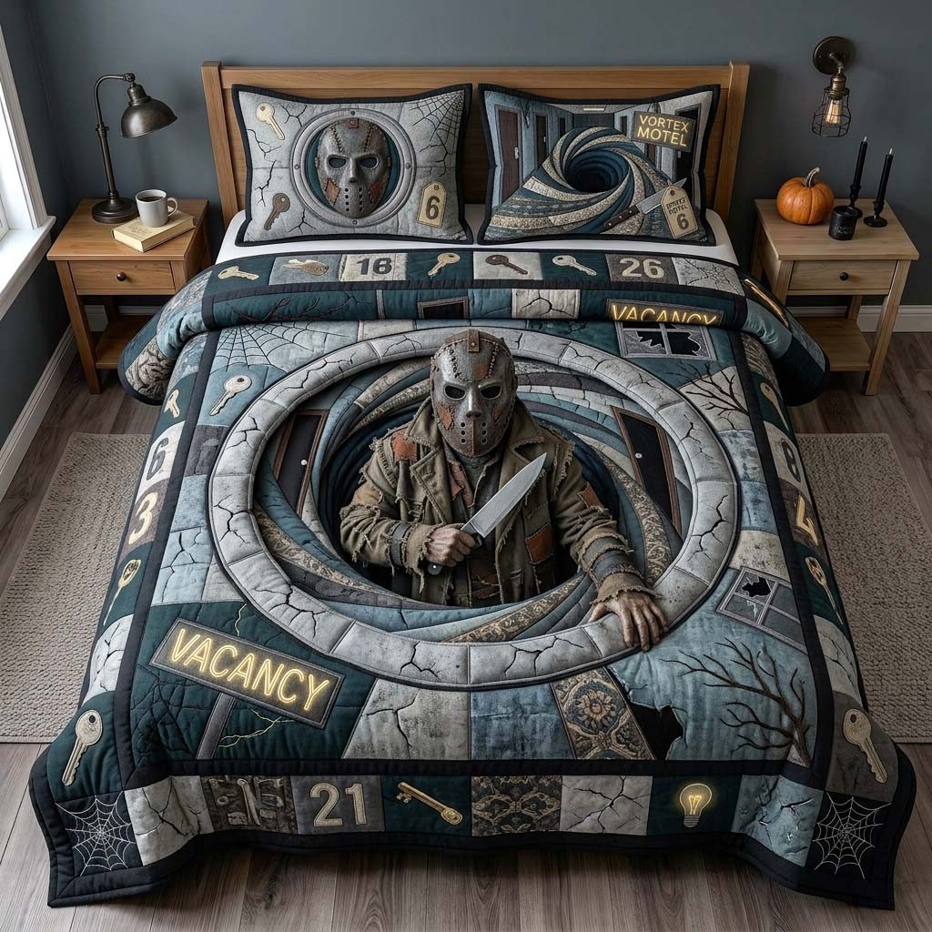 Vortex Motel quilted 3-piece bedding set on a made bed with two matching pillow shams