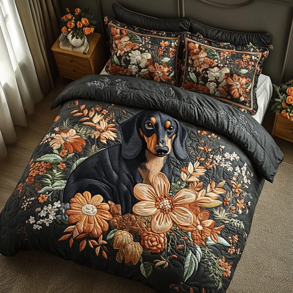 Wagging Stroll quilted 3-piece bedding set on a made bed with two matching pillow shams