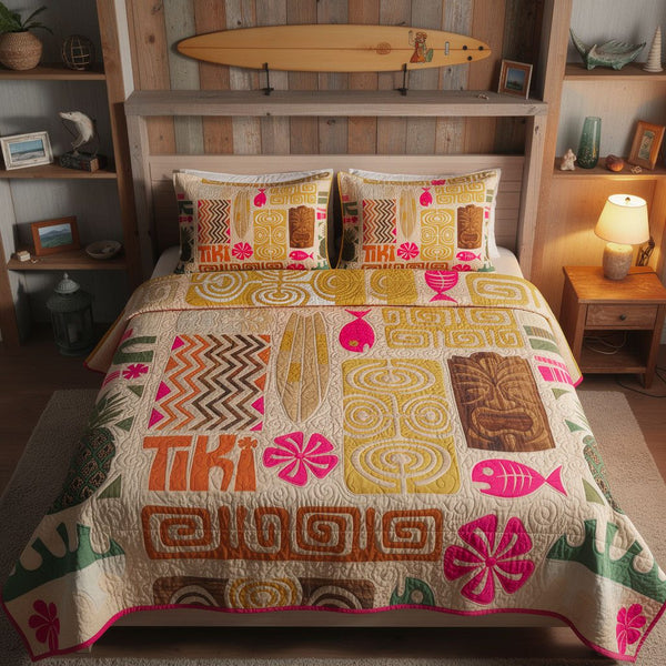 Waikiki Dream quilted 3-piece bedding set on a made bed with two matching pillow shams