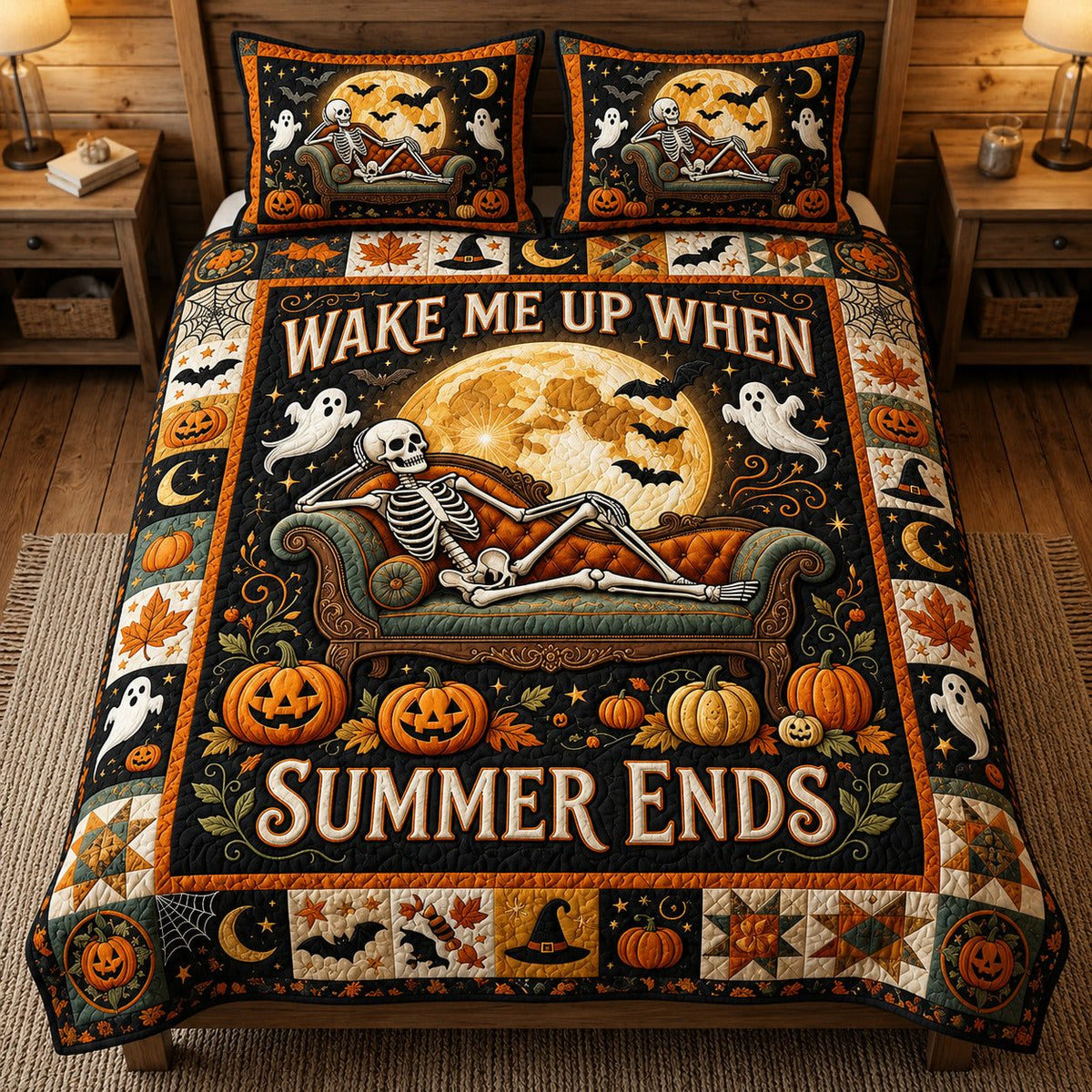 Wake Me Up When Summer Ends quilted 3-piece bedding set on a made bed with two matching pillow shams