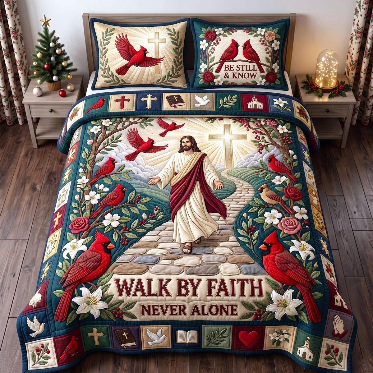Walk by Faith quilted 3-piece bedding set on a made bed in a softly lit bedroom