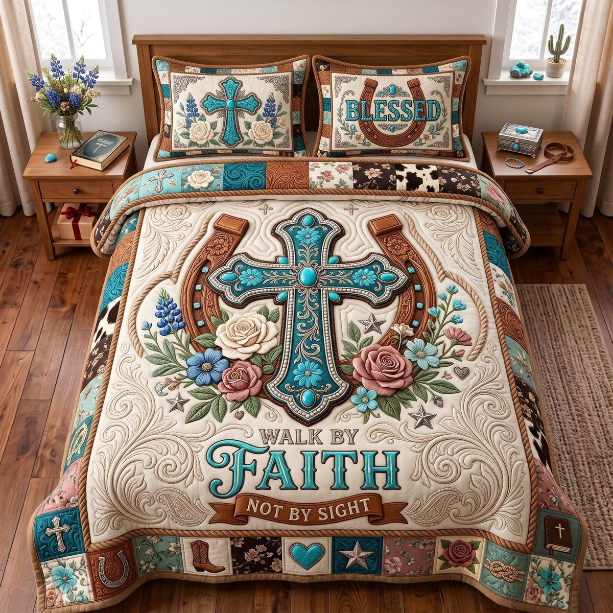 Walk by Faith quilted 3-piece bedding set on a made bed in a softly lit bedroom